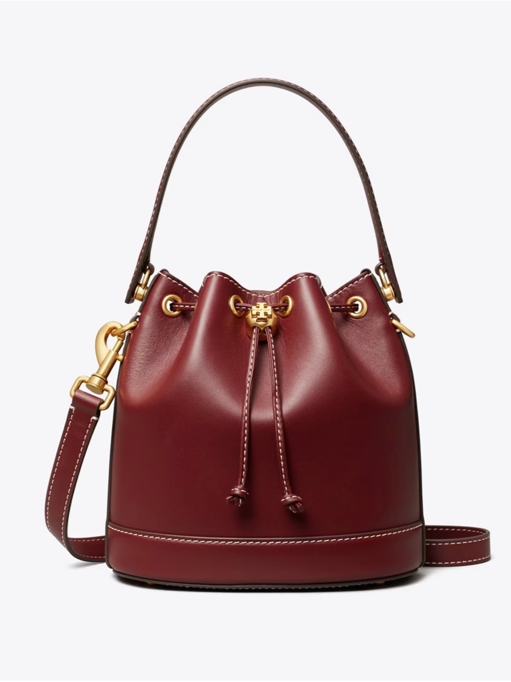 Tory Burch Leather Drawstring Bucket Bag with Gold Hardware in Huckleberry Color